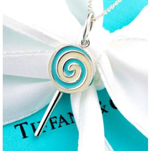 Tiffany & Co. Jewelry - Tiffany & Co. Necklace Lollipop Candy Blue Striped Charm Pendant in Silver 16"